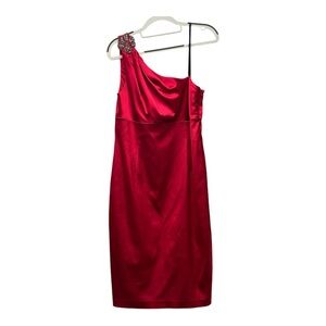 David Meister red satin one shoulder dress with embellishment